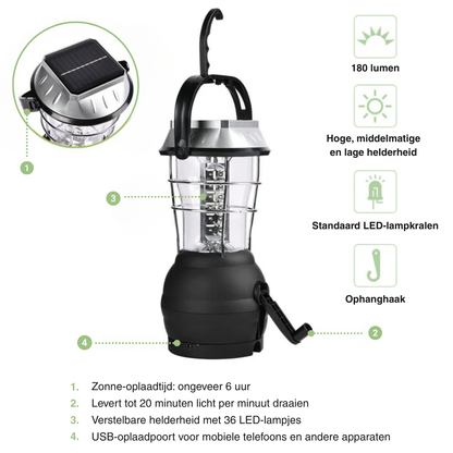 Draagbare Campinglamp – LED - Zonne-energie & Handslinger