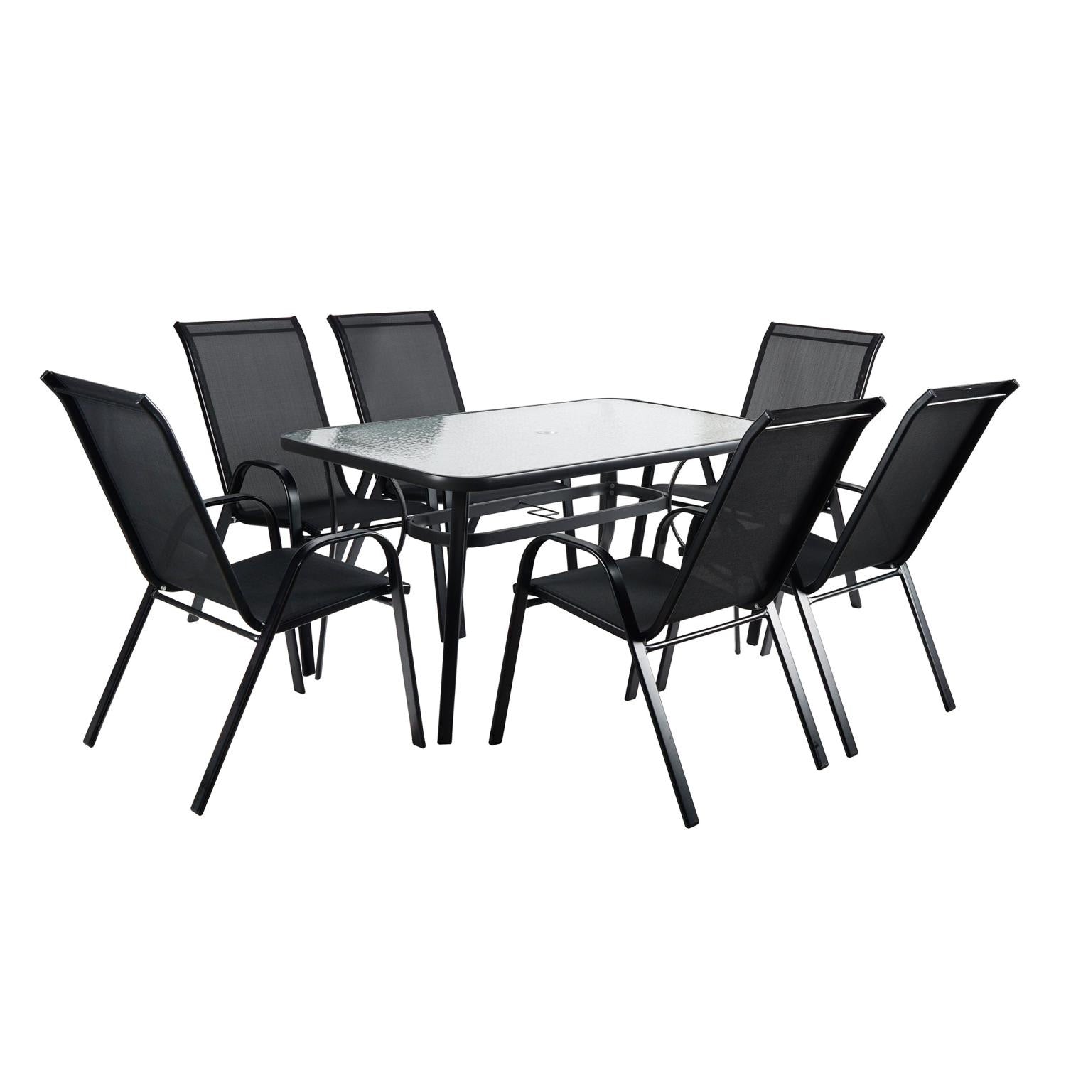 Kara Dining Set, Seating for 6 with Glass Top Table & Black Chairs