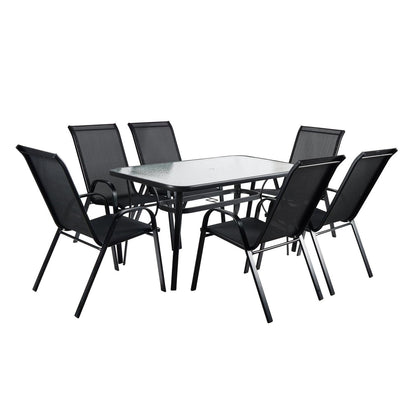 Kara Dining Set, Seating for 6 with Glass Top Table & Black Chairs