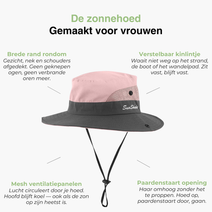 Dames Brede Rand Zonnehoed - UV Bescherming - Paardenstaart Gat