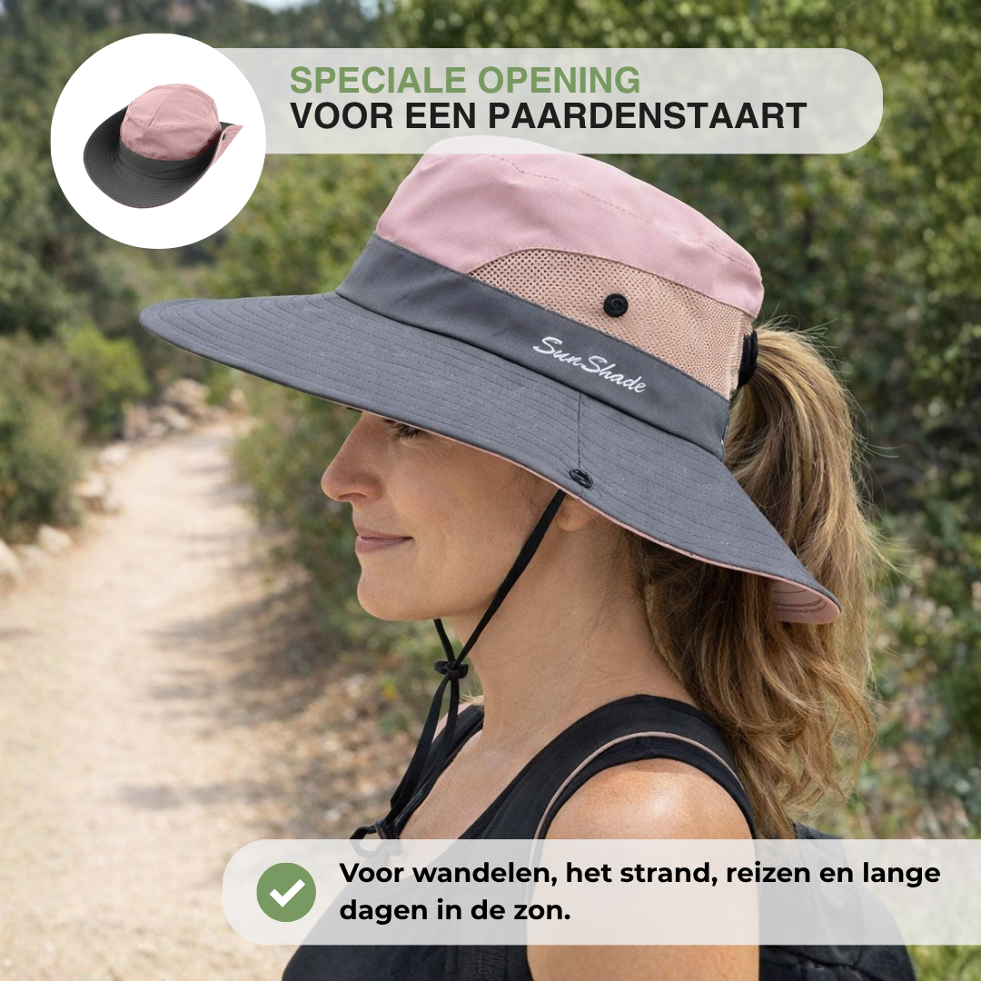 Dames Brede Rand Zonnehoed - UV Bescherming - Paardenstaart Gat