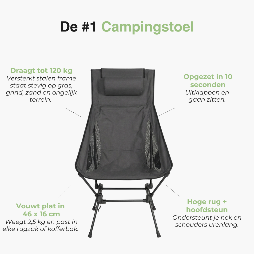 Opvouwbare Campingstoel - Hoge Rug Hoofdsteun - Lichtgewicht