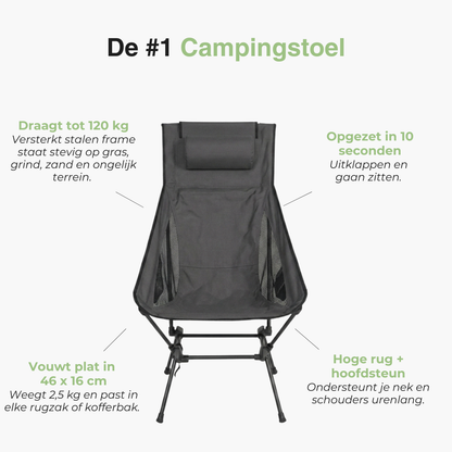 Opvouwbare Campingstoel - Hoge Rug Hoofdsteun - Lichtgewicht