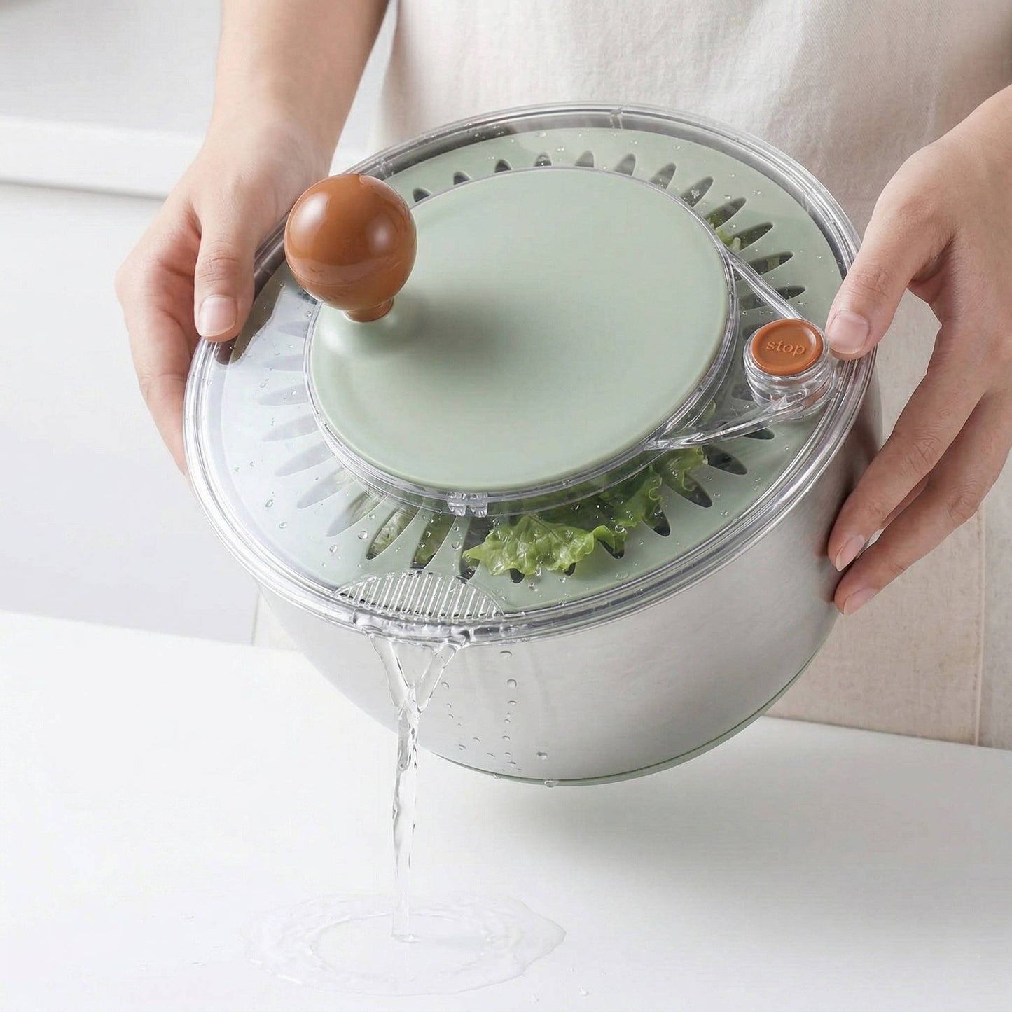 Stainless Steel Salad Spinner, Lettuce Spinner with Drain, Non Slip Base, Stop Button, Vegetable Dryer, BPA Free, 5.3 Qt