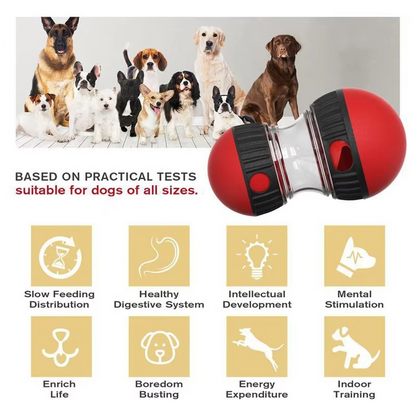Sliding treat compartments in Kong Wobbler dog puzzle toy for slowing down eating