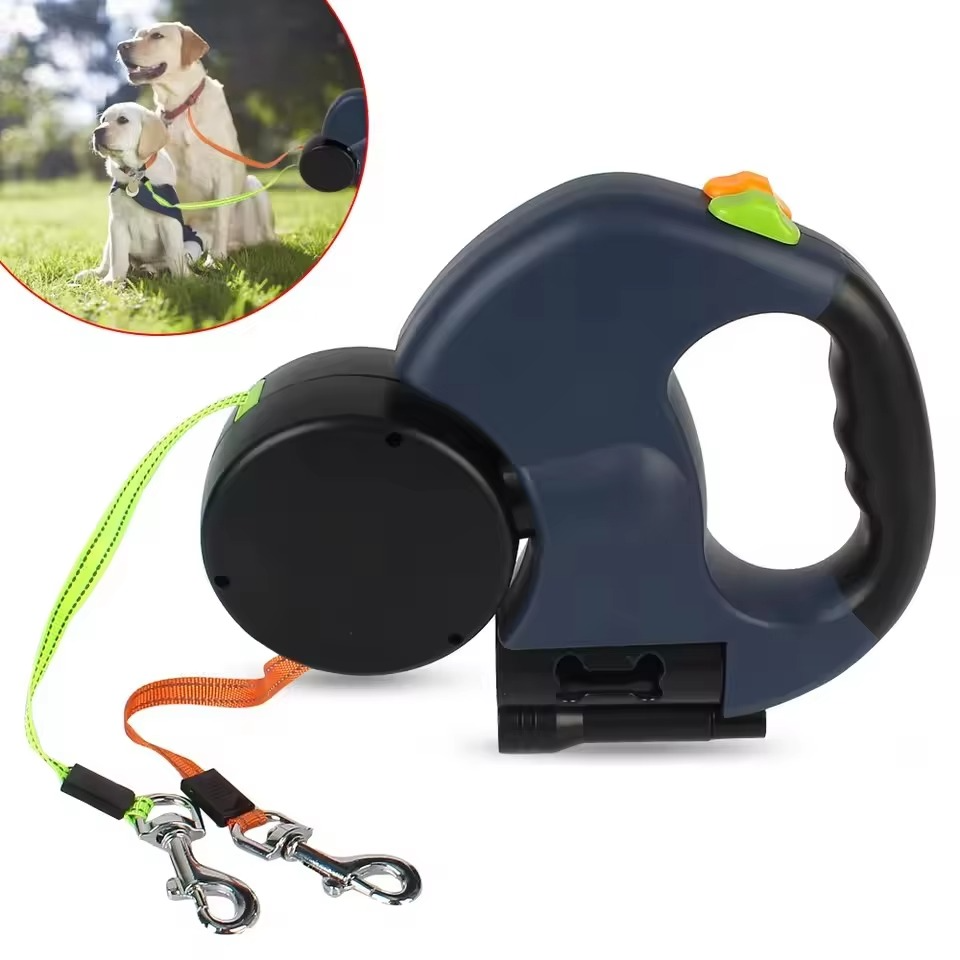 Dual mode dog leash with integrated light and poop bag dispenser for safe strolls