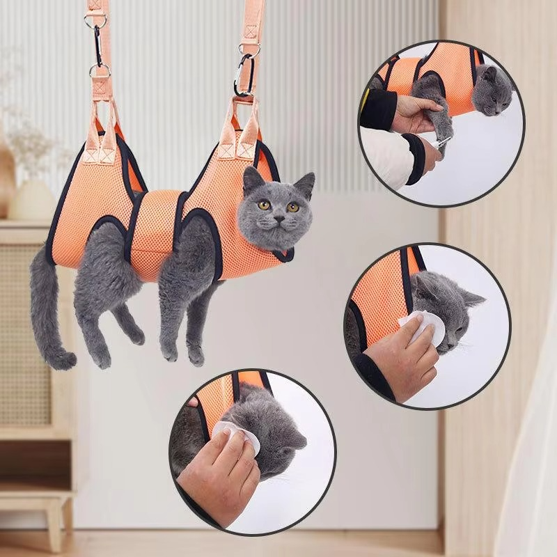 Pet relaxing on pet grooming hammock with breathable mesh for airflow