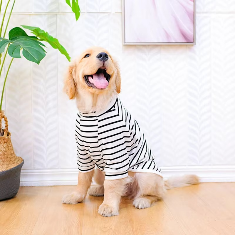 Breathable cotton dog t-shirt with striped pattern for medium to large dogs comfort