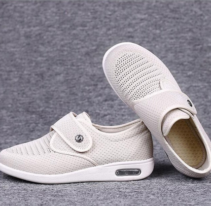 "Brede diabetische schoenen voor dames, zacht leer, ademend en comfortabel voor gezwollen voeten, stijlvolle Anika design."