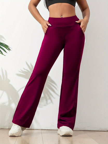 Hoge taille dames yogabroek met wijd uitlopende pijpen, elastisch en voorzien van handige zakken.