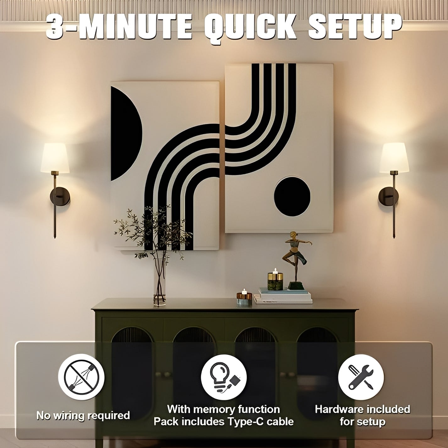 Wireless Wall Lights with Adjustable Color and Brightness, Set of 2