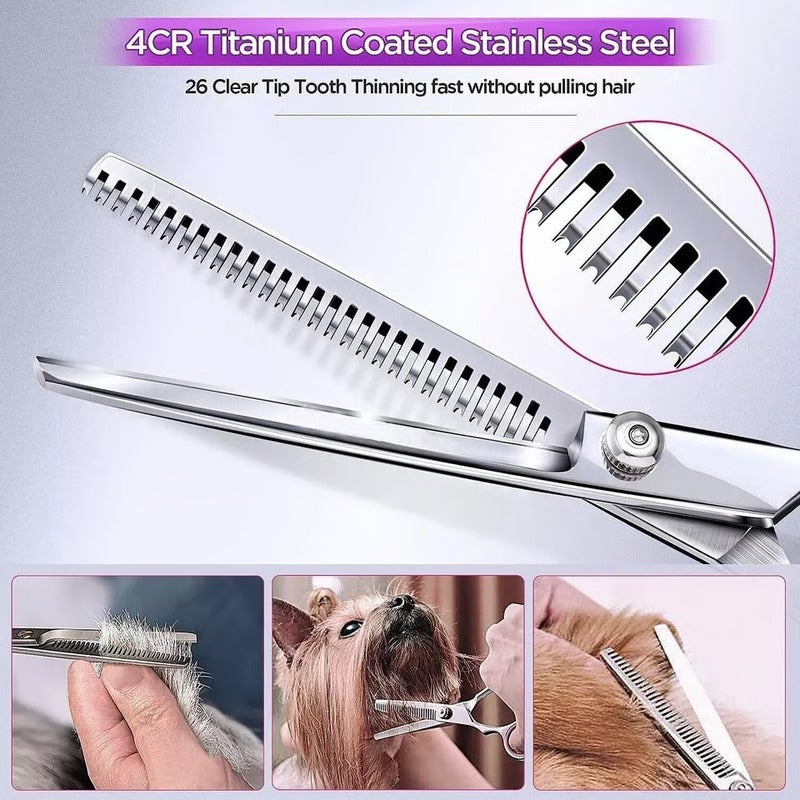 Dog Grooming Scissors Kit with 7 Inch Steel Blades and Ergonomic Handles for Smooth Grooming