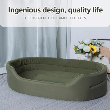 Pet owner's eco-friendly bed option made with recycled cotton and polyester for a comfortable pet sleep