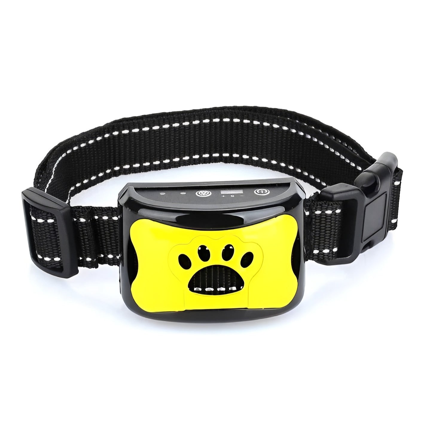 Back of adjustable anti-bark training collar with gentle pulse modes for product details.