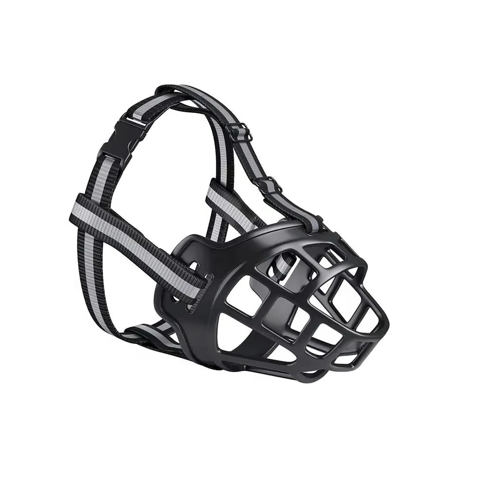 Dog muzzle with breathable design and reflective strips for increased visibility