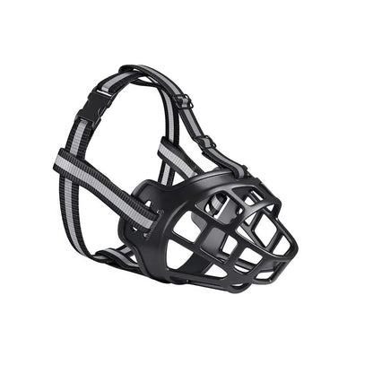Dog muzzle with breathable design and reflective strips for increased visibility