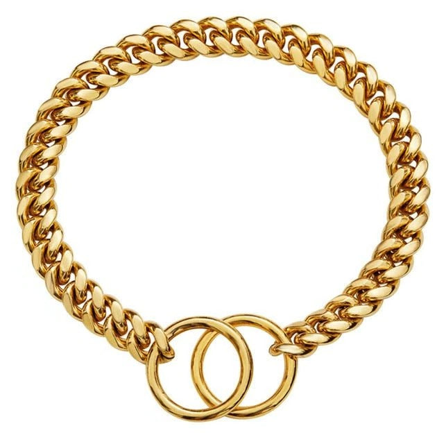 Durable stainless steel chain dog collar in various colors for long-lasting wear.