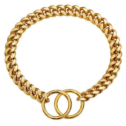 Durable stainless steel chain dog collar in various colors for long-lasting wear.