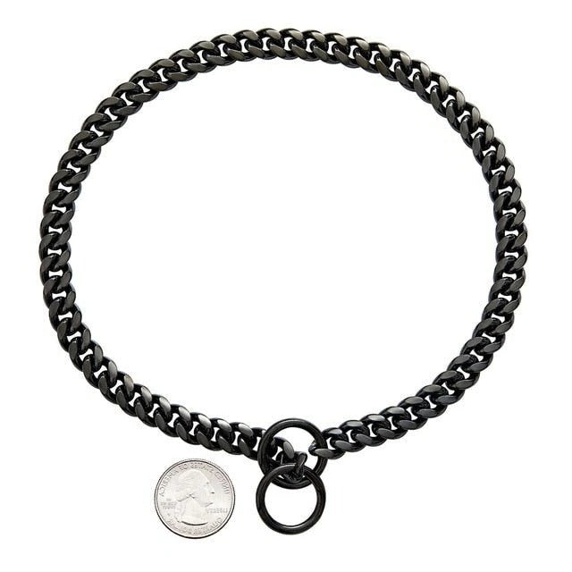 Stainless steel chain dog collar in multiple colors, suitable for active dogs.