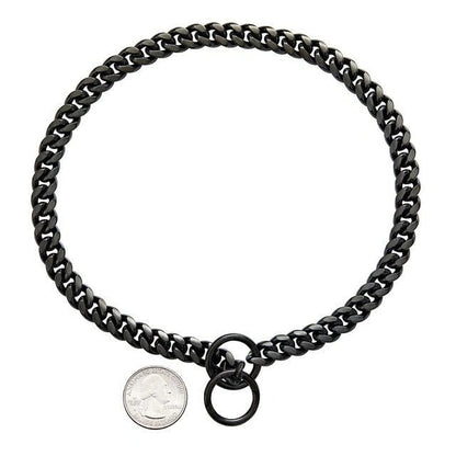 Stainless steel chain dog collar in multiple colors, suitable for active dogs.