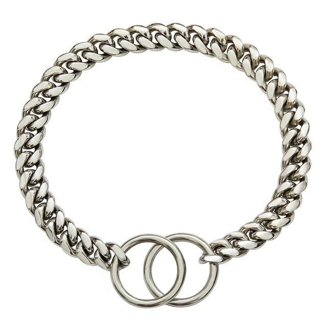 Close-up of a stainless steel chain dog collar available in multiple vibrant colors.