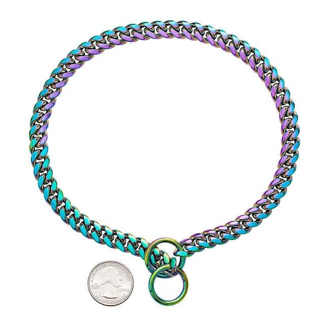 Colorful stainless steel chain dog collar for durability and comfort.