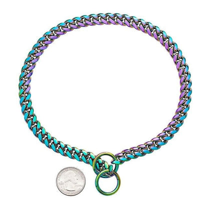Colorful stainless steel chain dog collar for durability and comfort.
