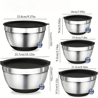 Stainless Steel Mixing Bowl Collection with Airtight Covers and Grip Bottom, Set of 8