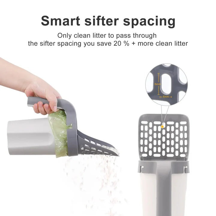 Whisker Wizard Cat Litter Scoop in use with integrated waste bin and bag holder