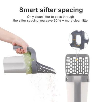 Whisker Wizard Cat Litter Scoop in use with integrated waste bin and bag holder