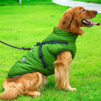Close-up of Waterproof Winter Dog Jacket with Sherpa Fleece Lining and Adjustable Harness