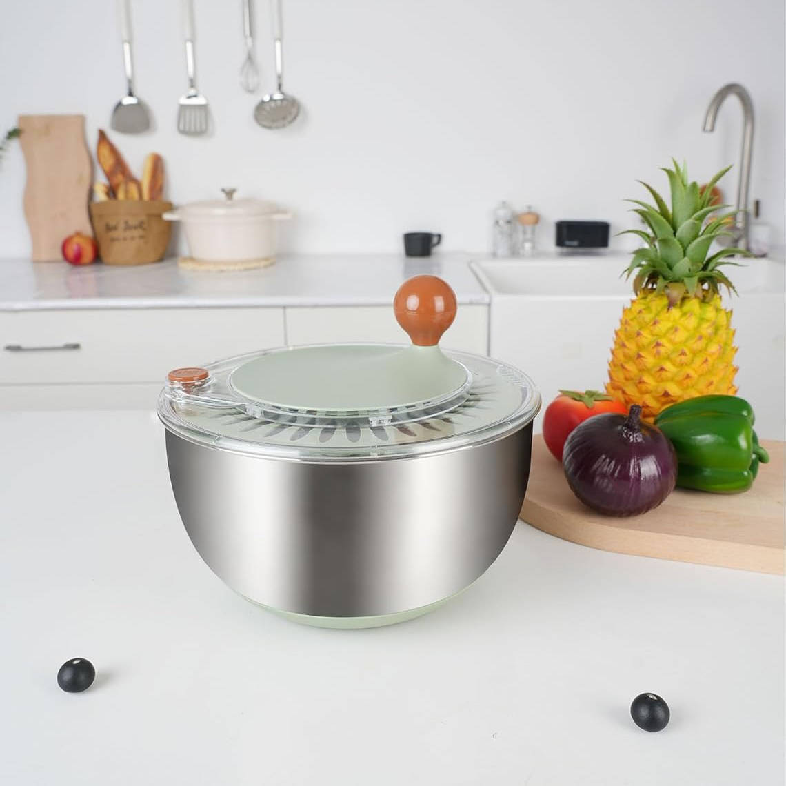 Stainless Steel Salad Spinner, Lettuce Spinner with Drain, Non Slip Base, Stop Button, Vegetable Dryer, BPA Free, 5.3 Qt