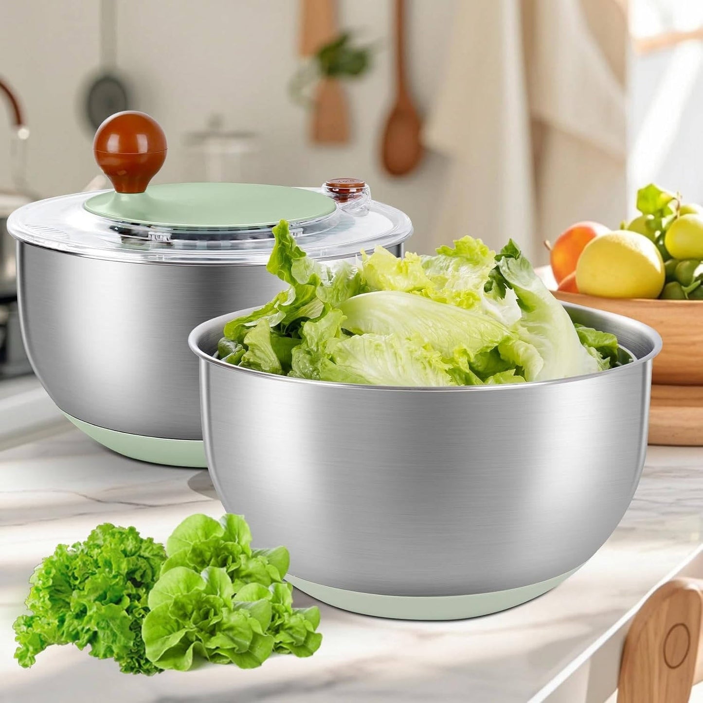 Stainless Steel Salad Spinner, Lettuce Spinner with Drain, Non Slip Base, Stop Button, Vegetable Dryer, BPA Free, 5.3 Qt