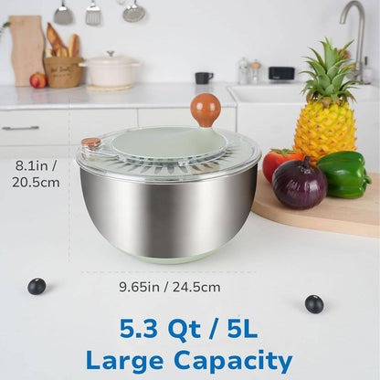 Stainless Steel Salad Spinner, Lettuce Spinner with Drain, Non Slip Base, Stop Button, Vegetable Dryer, BPA Free, 5.3 Qt