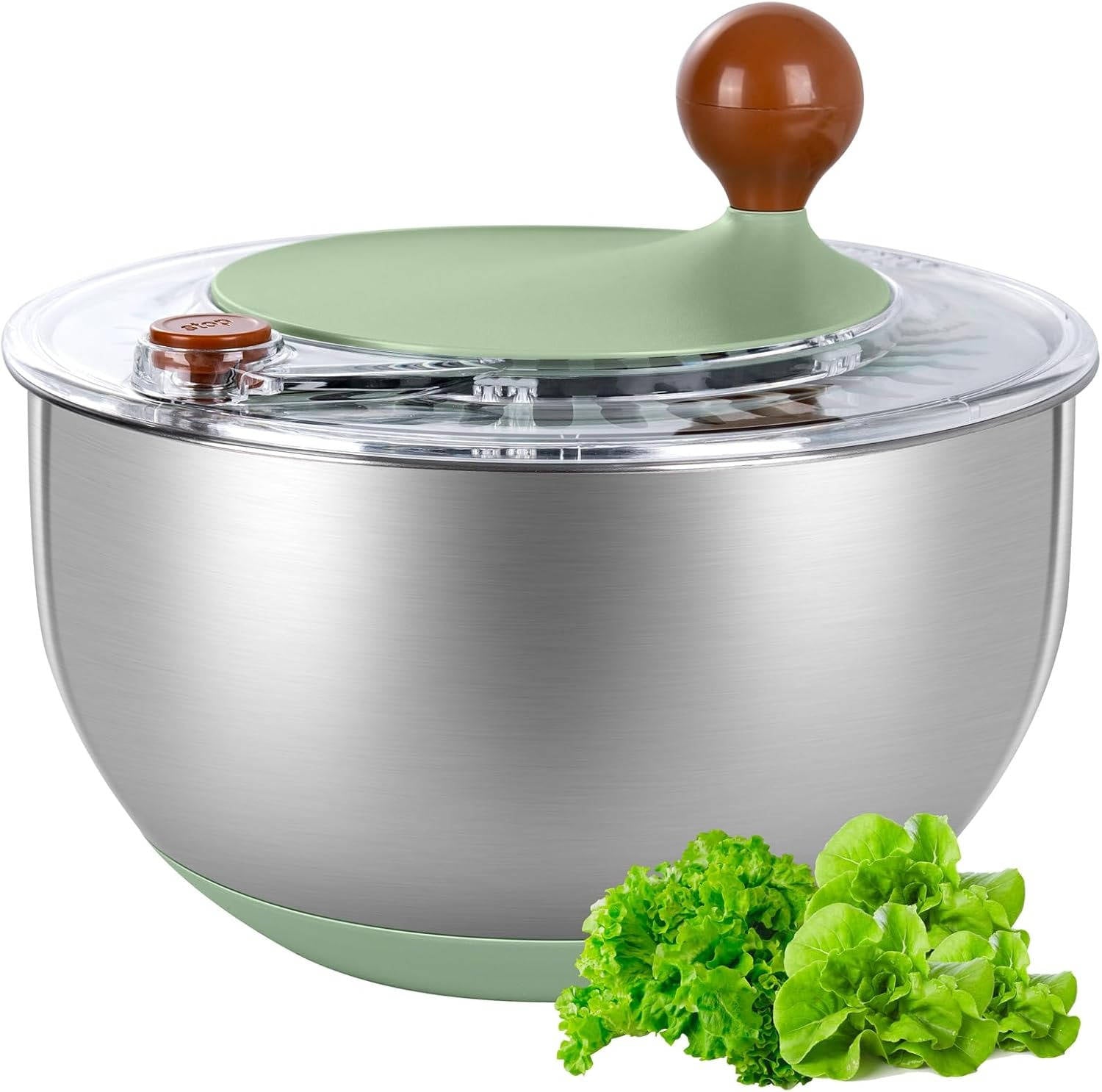 Stainless Steel Salad Spinner, Lettuce Spinner with Drain, Non Slip Base, Stop Button, Vegetable Dryer, BPA Free, 5.3 Qt