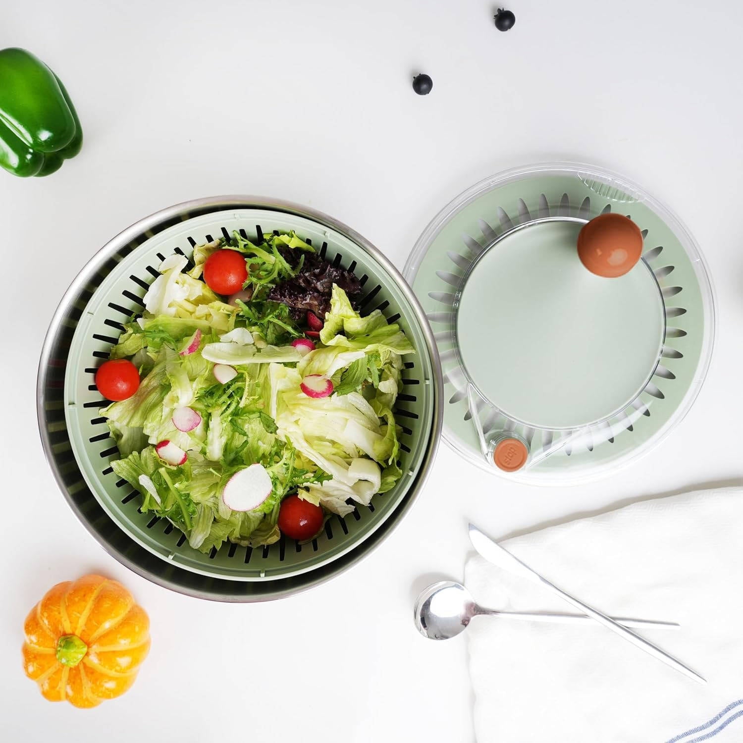 Stainless Steel Salad Spinner, Lettuce Spinner with Drain, Non Slip Base, Stop Button, Vegetable Dryer, BPA Free, 5.3 Qt