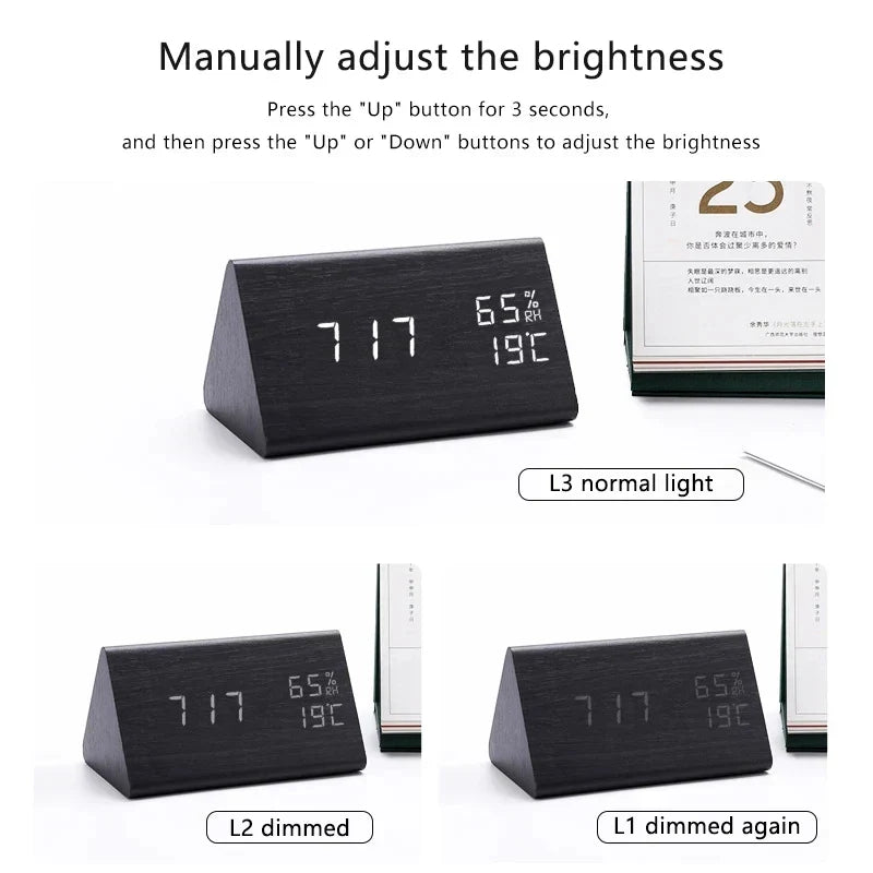 Multifunctionele digitale wekker, houtlook design, LED display en betrouwbaar alarm.