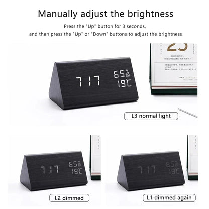 Multifunctionele digitale wekker, houtlook design, LED display en betrouwbaar alarm.