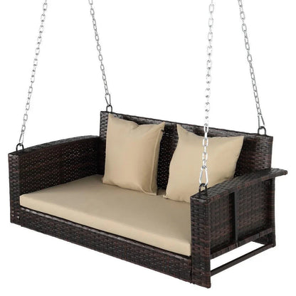 Zen 2-Person Rattan Hanging Porch Swing Chair with Cushions and Chains