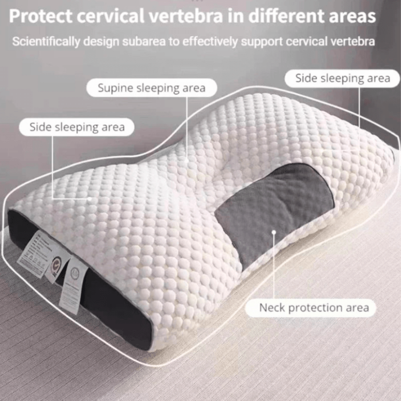 Orthopedisch hoofdkussen, wit, ergonomisch ontwerp, verlicht nek- en rugpijn, geschikt voor diverse slaapposities.