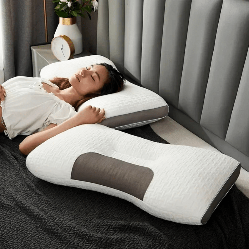 Orthopedisch hoofdkussen, wit, ergonomisch ontwerp, verlicht nek- en rugpijn, geschikt voor diverse slaapposities.