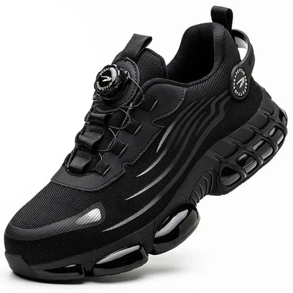 "Veiligheidssneakers met S3-classificatie, ademend donkergrijs mesh, zwarte rubberzool, ideaal voor dames op de werkvloer."
