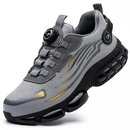 "Veiligheidssneakers met S3-classificatie, ademend donkergrijs mesh, zwarte rubberzool, ideaal voor dames op de werkvloer."