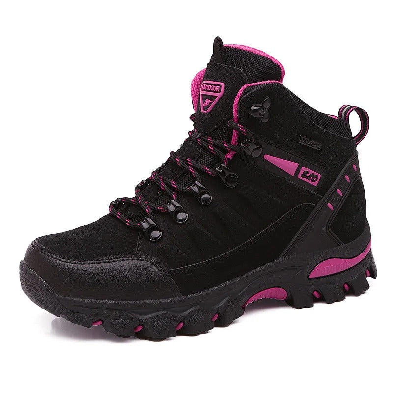 Veiligheidswerkschoenen voor dames, waterdicht en antislip, met versterkte enkelondersteuning en ronde teen, grijs.