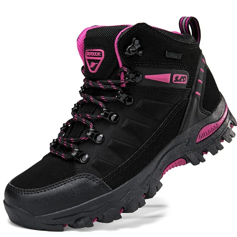 Veiligheidswerkschoenen voor dames, waterdicht en antislip, met versterkte enkelondersteuning en ronde teen, grijs.