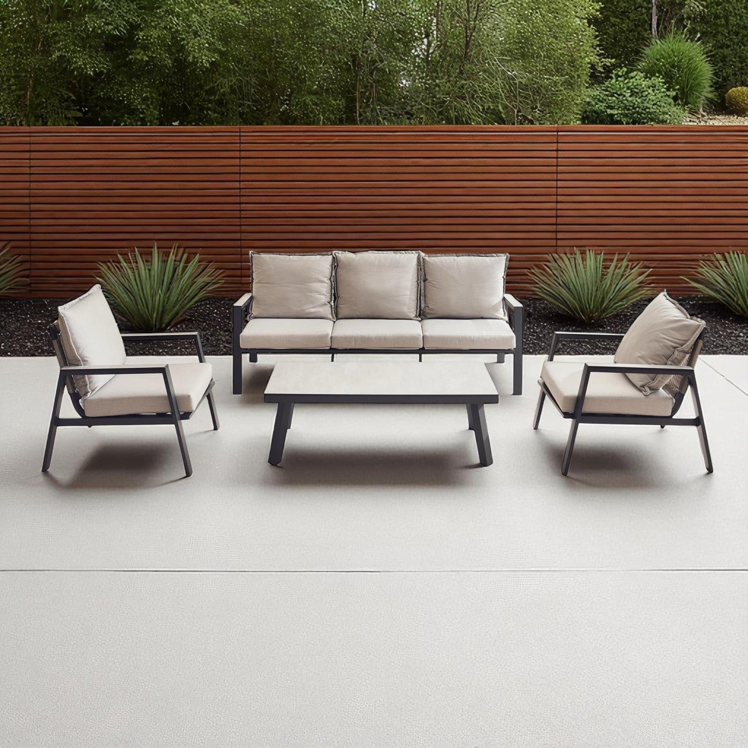 Zanari Outdoor Sofa Set, 3-Seater, 2 Armchairs & Coffee Table – Light Grey